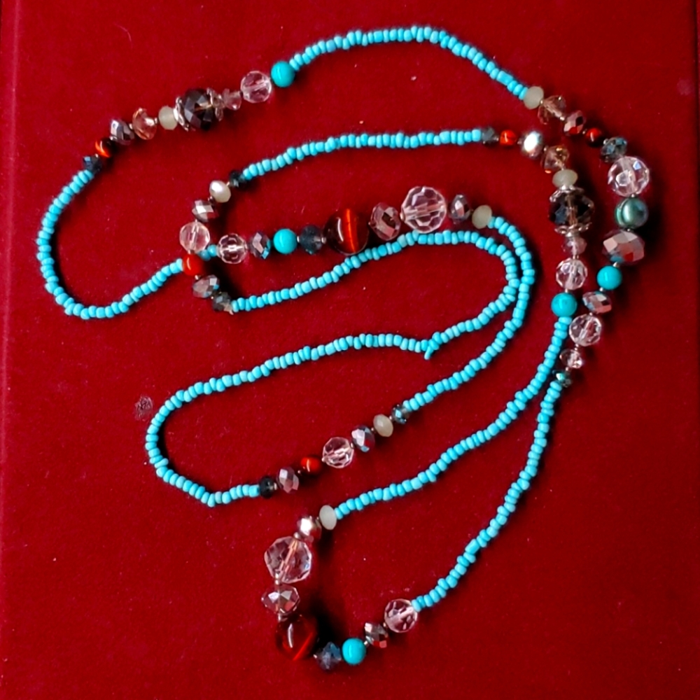 Long Turquoise & Glass Beaded Necklace